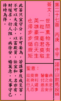 关帝灵签 第27签:中平 项仲山饮马投钱